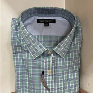 Banana Republic Men's Blue and Green Checkered Shirt
